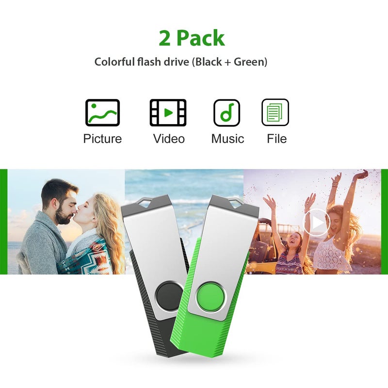 Aiibe 64GB Flash Drive 2 Pack 64GB USB Flash Drive Thumb Drive Zip Drive USB 2.0 Memory Stick USB Drive with Keychain (64G, 2 Colors: Black Green) - Image 2