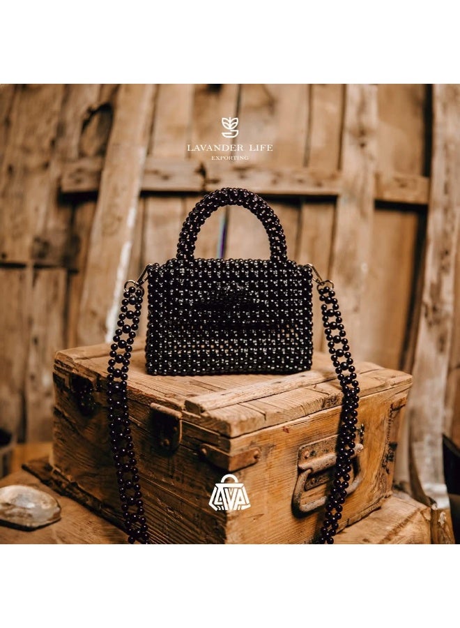 Handmade beaded handbag, shoulder bag, cross-body bag, with a flap closure and a magnetic snap