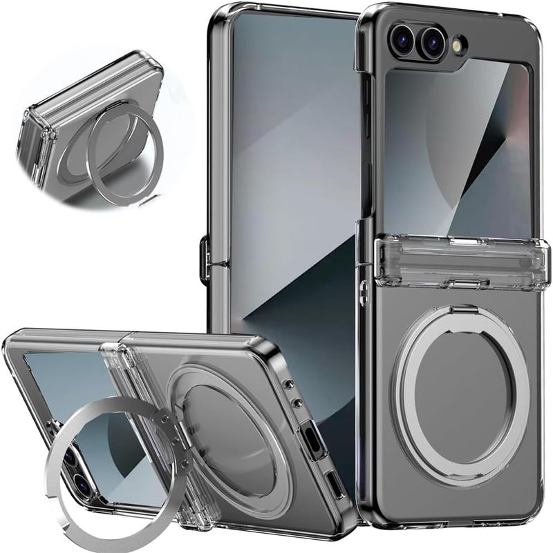 Magnetic Case with Hinge Protection & Kickstand, Phone Case Compate for MagSafe, Samsung Galaxy Z Flip 6, Slim Case with Invisible Ring Stand, Soft TPU Protective, Clear - Image 1