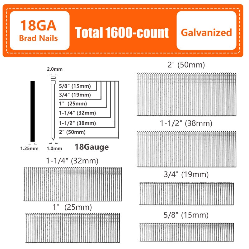 SITLDY 18 Gauge Galvanized Brad Nails Brown T-head 6 Sizes 1600-Pack (5/8"+3/4"+1"+1-1/4"+1-1/2"+2"), Assorted Size Project Pack, for Pneumatic, Electric 18GA Brad Nailer Gun - Image 2