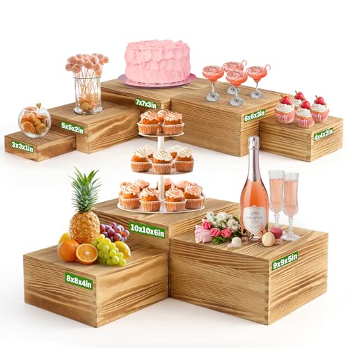 Budiwati 8-Pack Pine Wood Buffet Risers, Multi-Size Nesting Cube Food Display Stands for Buffet Table & Catering, Hollow Bottoms Food Risers for Multi-Level Buffet Presentation - Image 1