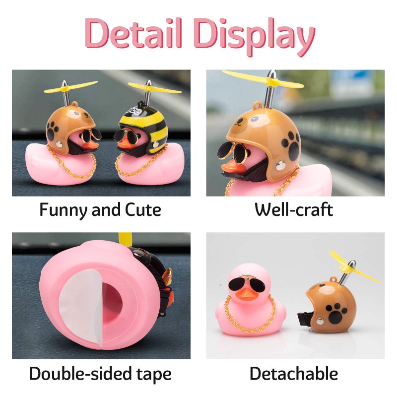 wonuu Pink Duck Car Dashboard Decorations Rubber Duck Car Ornaments Cool Duck with Propeller Helmet Sunglasses Gold Chain - Image 2