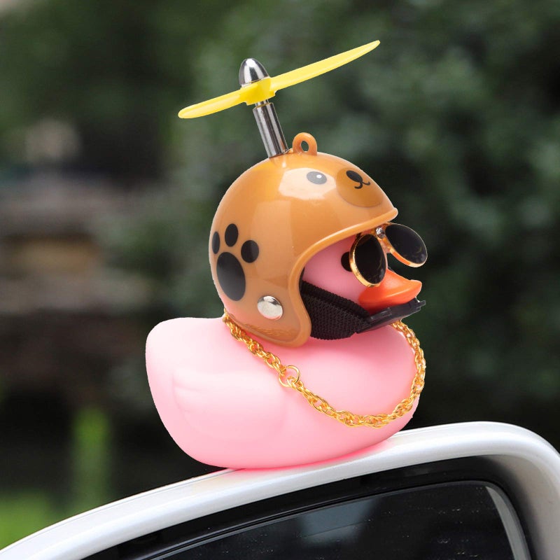 wonuu Pink Duck Car Dashboard Decorations Rubber Duck Car Ornaments Cool Duck with Propeller Helmet Sunglasses Gold Chain - Image 4