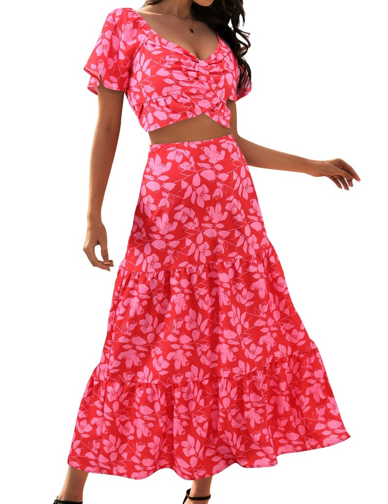 DRESSTELLS Women's 2 Piece Outfits, Floral Top Skirts Set, Spring Easter Dresses, Maxi Summer Tropical Boho Vacation Beach Suits 2026 Red Flower S - Image 1