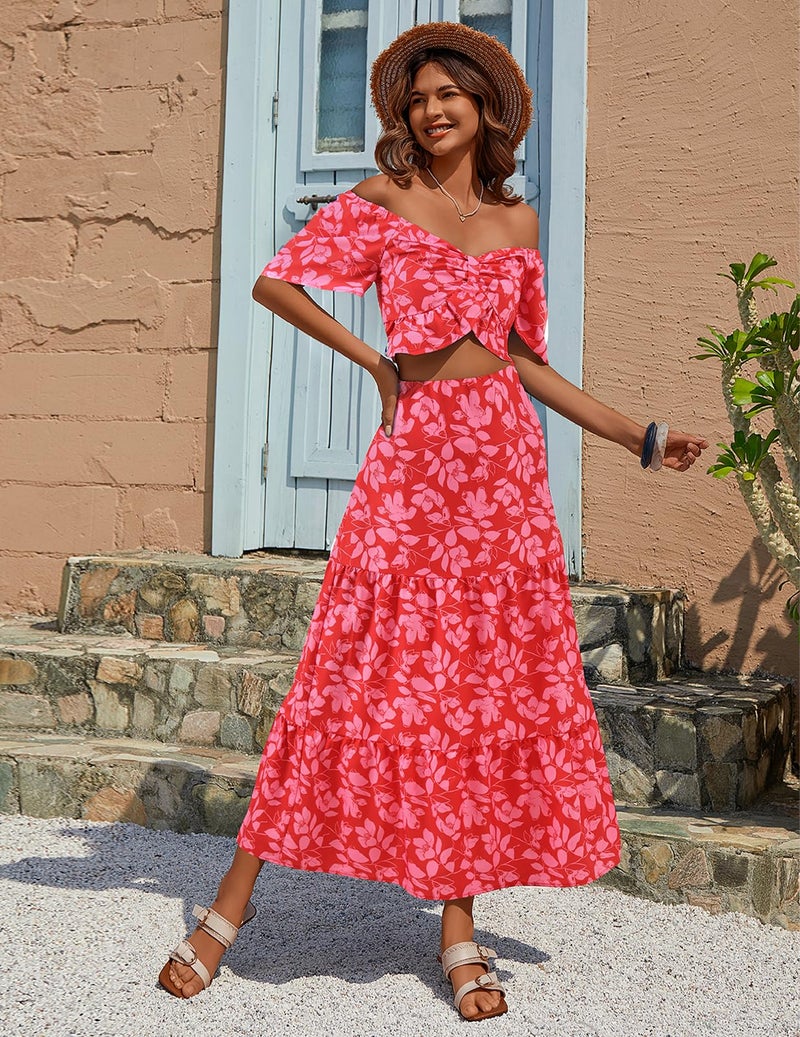 DRESSTELLS Women's 2 Piece Outfits, Floral Top Skirts Set, Spring Easter Dresses, Maxi Summer Tropical Boho Vacation Beach Suits 2026 Red Flower S - Image 5