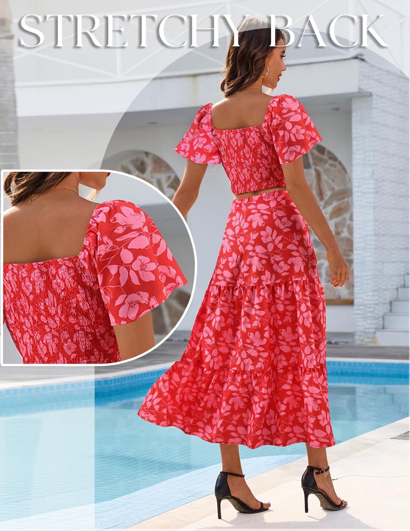 DRESSTELLS Women's 2 Piece Outfits, Floral Top Skirts Set, Spring Easter Dresses, Maxi Summer Tropical Boho Vacation Beach Suits 2026 Red Flower S - Image 3