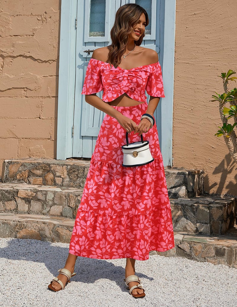 DRESSTELLS Women's 2 Piece Outfits, Floral Top Skirts Set, Spring Easter Dresses, Maxi Summer Tropical Boho Vacation Beach Suits 2026 Red Flower S - Image 4