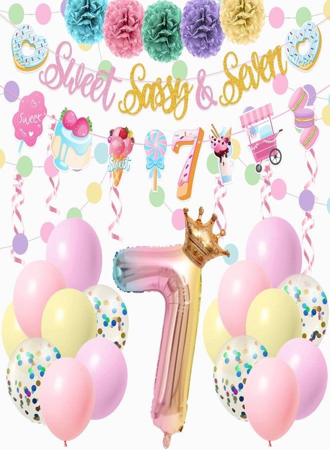 JUYRLE Sweet Sassy And Seven Birthday Decorations- 41Pcs Pink Birthday Decorations With Donut Banner Sweet Cake Topper 7th Foil Balloon, 7th Party Decor for Girls, Ice Cream Party Supplies - Image 1