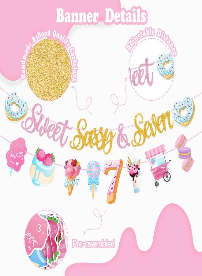 JUYRLE Sweet Sassy And Seven Birthday Decorations- 41Pcs Pink Birthday Decorations With Donut Banner Sweet Cake Topper 7th Foil Balloon, 7th Party Decor for Girls, Ice Cream Party Supplies - Image 2