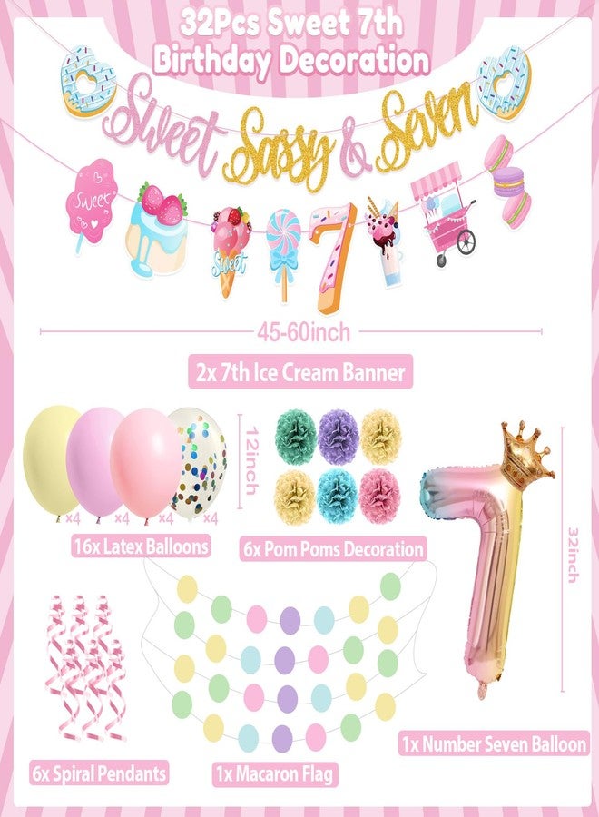 JUYRLE Sweet Sassy And Seven Birthday Decorations- 41Pcs Pink Birthday Decorations With Donut Banner Sweet Cake Topper 7th Foil Balloon, 7th Party Decor for Girls, Ice Cream Party Supplies - Image 3
