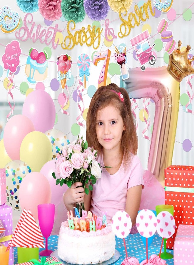 JUYRLE Sweet Sassy And Seven Birthday Decorations- 41Pcs Pink Birthday Decorations With Donut Banner Sweet Cake Topper 7th Foil Balloon, 7th Party Decor for Girls, Ice Cream Party Supplies - Image 5