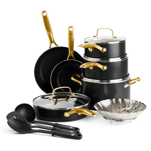 Blue Diamond 14 Piece Induction Nonstick Cookware Set, Diamond Infused PFAS-Free Ceramic Nonstick Pots & Pans, Durable Metal Utensil Safe, Dishwasher Safe, Oven & Broiler to 600F, Black/Gold - Image 1