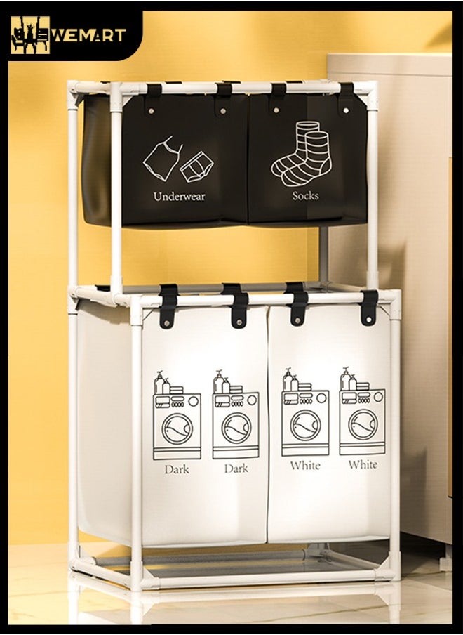 WEMART Wemart Double Layer Laundry Basket, Four Large Compartments, Suitable for Bedroom, Laundry Room, Wardrobe, Bathroom, College, Black and White  - Image 1