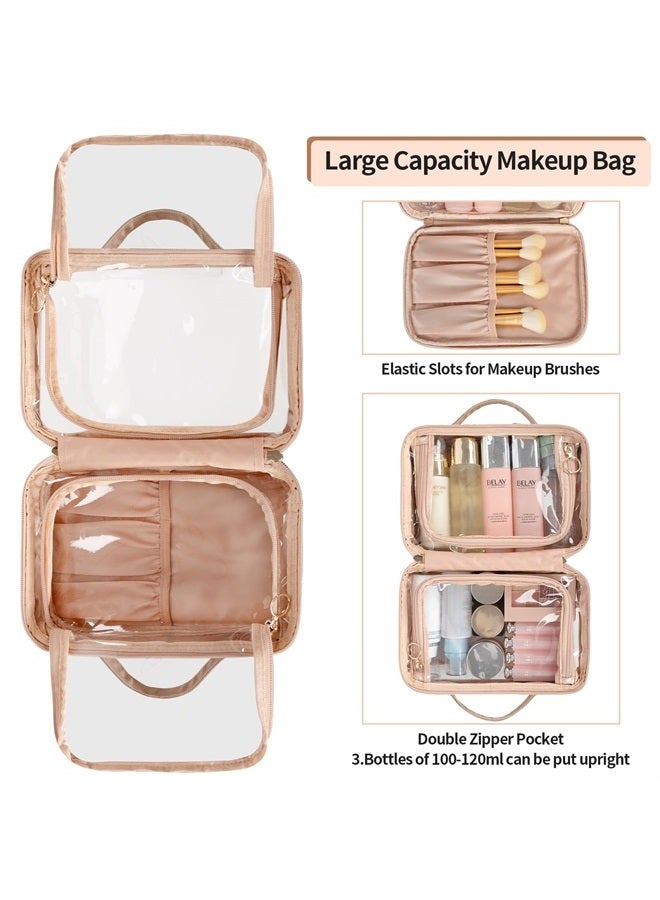 OCHEAL حقيبة مكياج، حقيبة تجميل بطبقتين، حقيبة تجميل شفافة بسعة كبيرة جديدة للسفر للنساء، حقيبة تنظيم مكياج بجيوب متعددة - وردي ذهبي - Image 1