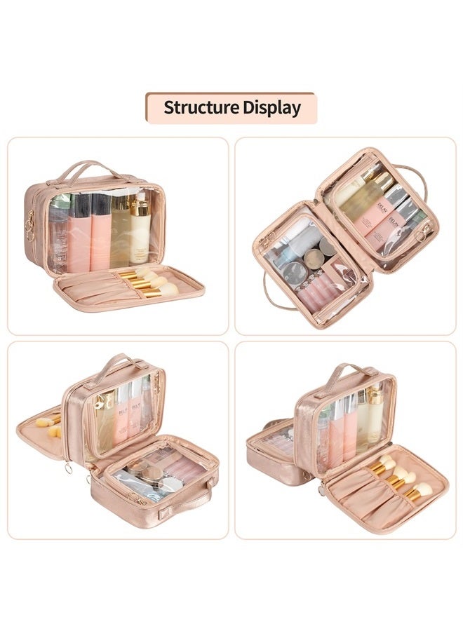 OCHEAL حقيبة مكياج، حقيبة تجميل بطبقتين، حقيبة تجميل شفافة بسعة كبيرة جديدة للسفر للنساء، حقيبة تنظيم مكياج بجيوب متعددة - وردي ذهبي - Image 3