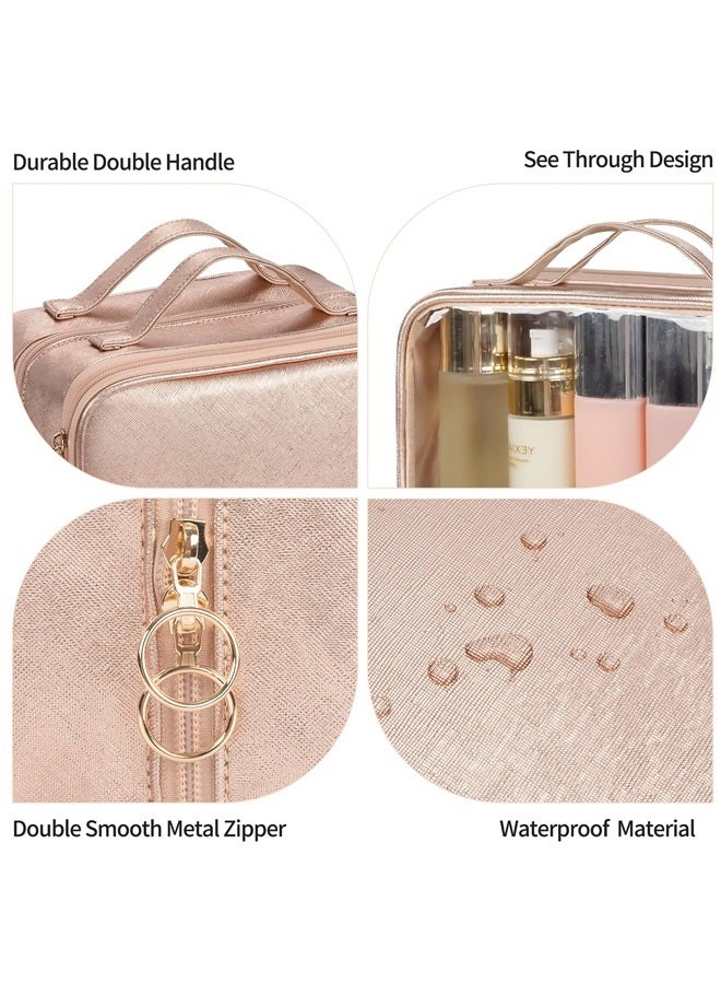 OCHEAL حقيبة مكياج، حقيبة تجميل بطبقتين، حقيبة تجميل شفافة بسعة كبيرة جديدة للسفر للنساء، حقيبة تنظيم مكياج بجيوب متعددة - وردي ذهبي - Image 4