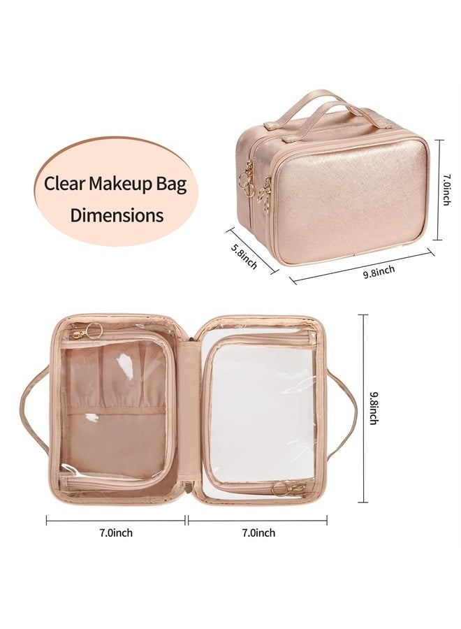 OCHEAL حقيبة مكياج، حقيبة تجميل بطبقتين، حقيبة تجميل شفافة بسعة كبيرة جديدة للسفر للنساء، حقيبة تنظيم مكياج بجيوب متعددة - وردي ذهبي - Image 2