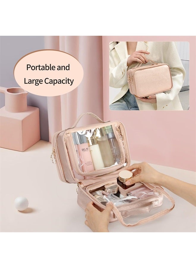 OCHEAL حقيبة مكياج، حقيبة تجميل بطبقتين، حقيبة تجميل شفافة بسعة كبيرة جديدة للسفر للنساء، حقيبة تنظيم مكياج بجيوب متعددة - وردي ذهبي - Image 5