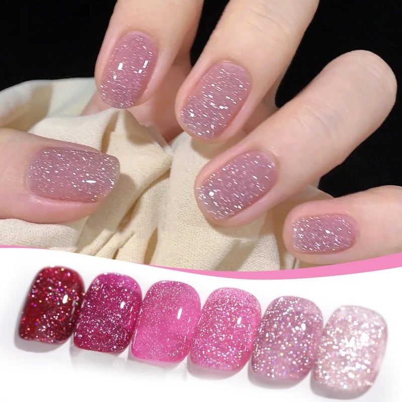BORN PRETTY Reflective Glitter Gel Nail Polish Pink Holographic Colorful Glitter Spring Summer Gel Polish Sparkly Shiny Disco DJ LED Gel Nail Polish Nail Varnish 6PCS - Image 1
