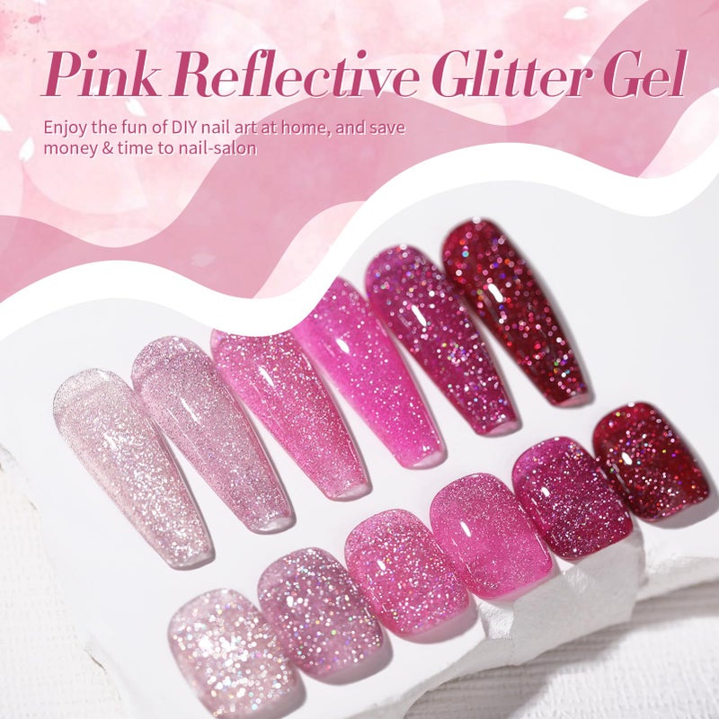 BORN PRETTY Reflective Glitter Gel Nail Polish Pink Holographic Colorful Glitter Spring Summer Gel Polish Sparkly Shiny Disco DJ LED Gel Nail Polish Nail Varnish 6PCS - Image 3