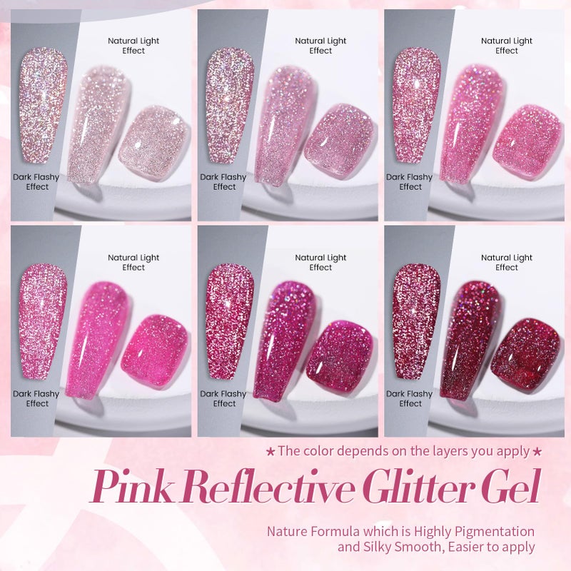 BORN PRETTY Reflective Glitter Gel Nail Polish Pink Holographic Colorful Glitter Spring Summer Gel Polish Sparkly Shiny Disco DJ LED Gel Nail Polish Nail Varnish 6PCS - Image 2