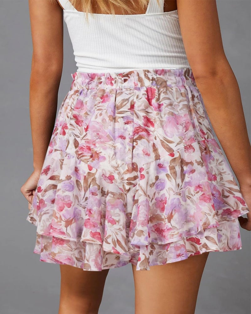 Aoudery Flowy Shorts for Women Casual Boho Floral Skorts Ruffle Mini Skirts Running Tennis Butterfly Chiffon Shorts- Pink Flower M - Image 2