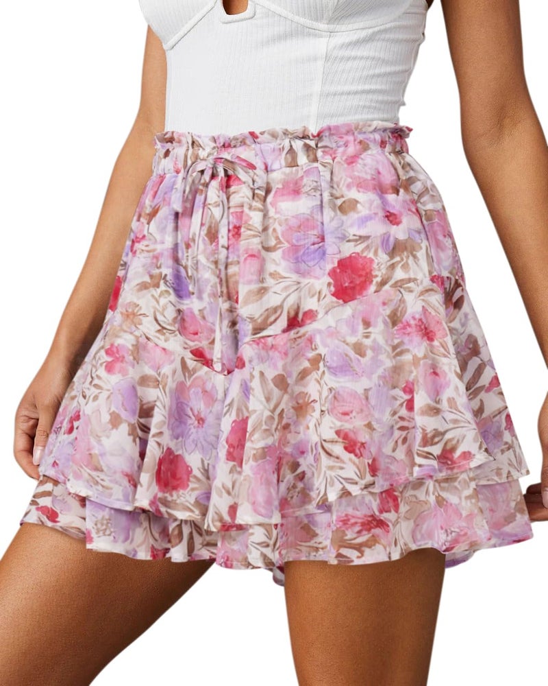Aoudery Flowy Shorts for Women Casual Boho Floral Skorts Ruffle Mini Skirts Running Tennis Butterfly Chiffon Shorts- Pink Flower M - Image 1