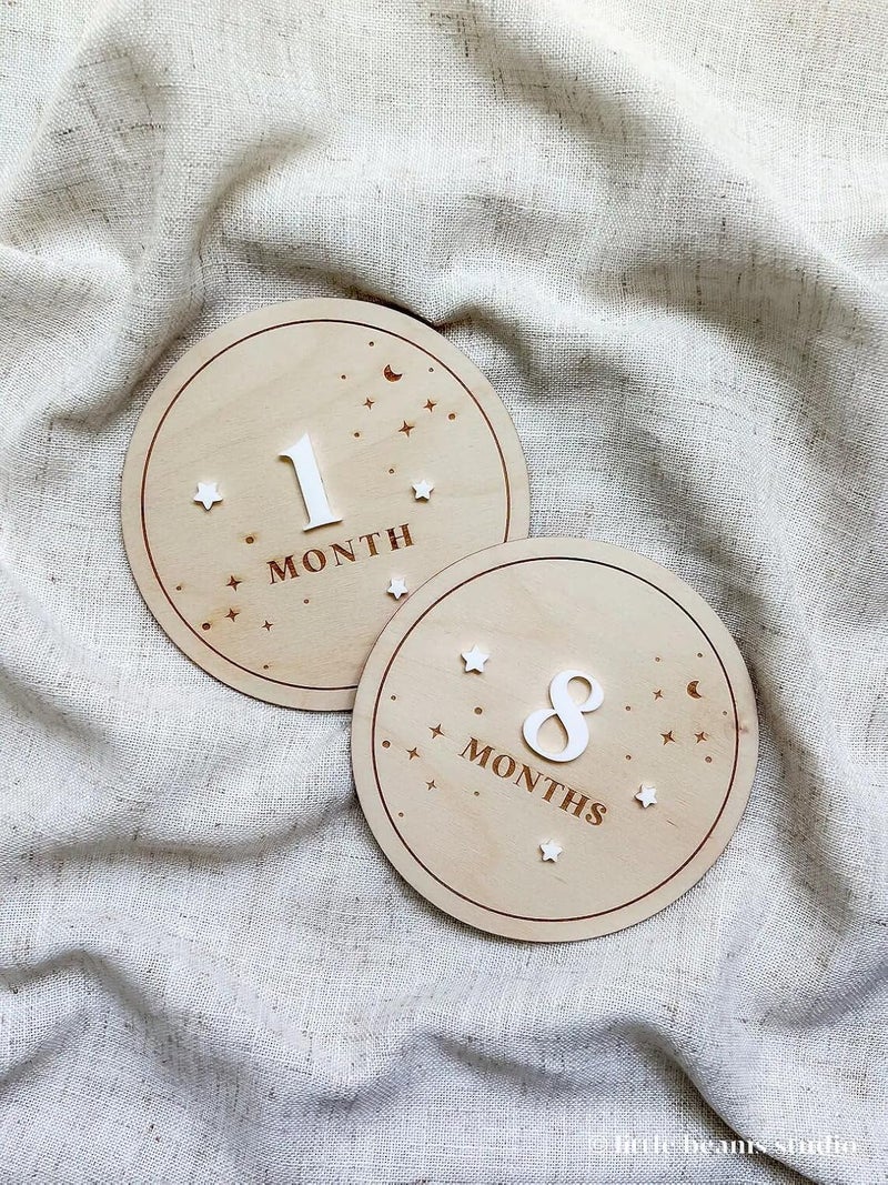 Haoser Wood Starry Night Round Milestone Cards|Monthly Milestone Markers|Boho Interchangeable Milestone Card|Baby Shower Gift|Baby Photo Prop,1 Count,Beige - Image 2
