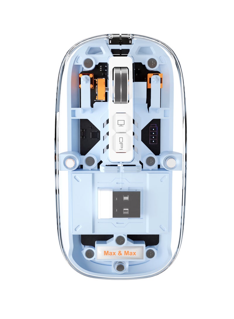 Max & Max Wireless Rechargeable Transparent Mouse – Crystal Design Gaming Mouse with Adjustable DPI, Triple Mode (2.4G + Bluetooth), Silent Click for PC, Laptop, Mac, iPhone & Android – Blue - Image 1