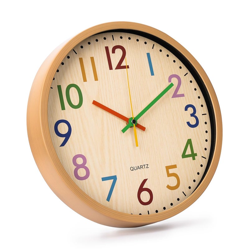 bakbrand Kids Wall Clock Silent Non-Ticking Colorful Childrens Clock Round Decorative Wall Clocks for Classroom, School, Office, Bedroom, Living Room, Kitchen (Bamboo Grain, 12 inch) - Image 2