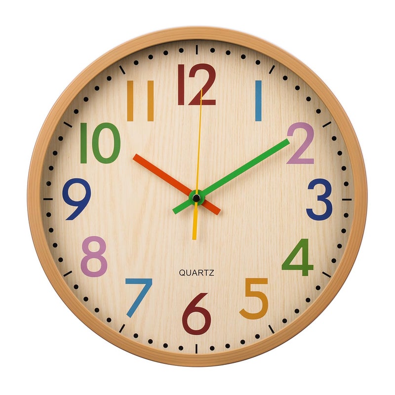 bakbrand Kids Wall Clock Silent Non-Ticking Colorful Childrens Clock Round Decorative Wall Clocks for Classroom, School, Office, Bedroom, Living Room, Kitchen (Bamboo Grain, 12 inch) - Image 1