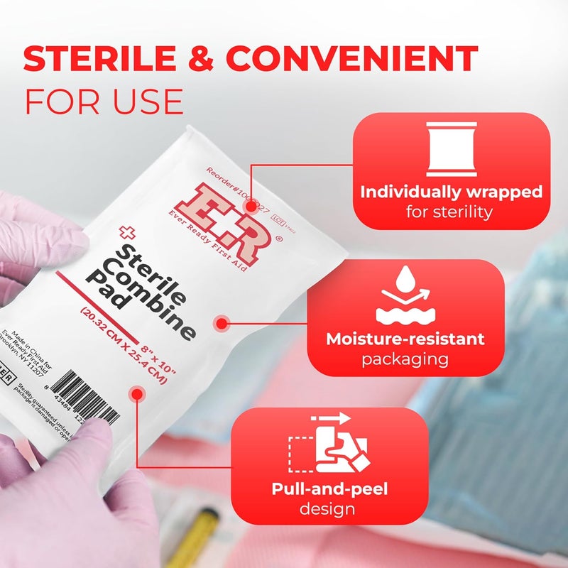 Ever Ready First Aid وسادات ABD معقمة 8 × 10 تصميم عالي الامتصاص للجروح الكبيرة مغلفة بشكل فردي للاستخدام السهل مثالية لحقائب الإسعافات الأولية 18 قطعة - Image 4