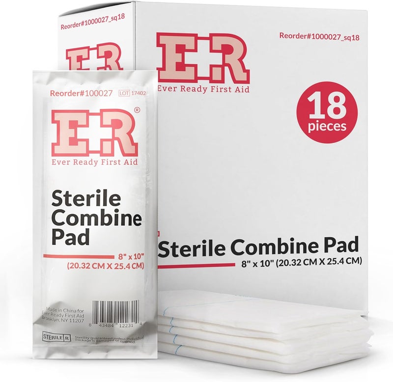 Ever Ready First Aid وسادات ABD معقمة 8 × 10 تصميم عالي الامتصاص للجروح الكبيرة مغلفة بشكل فردي للاستخدام السهل مثالية لحقائب الإسعافات الأولية 18 قطعة - Image 1