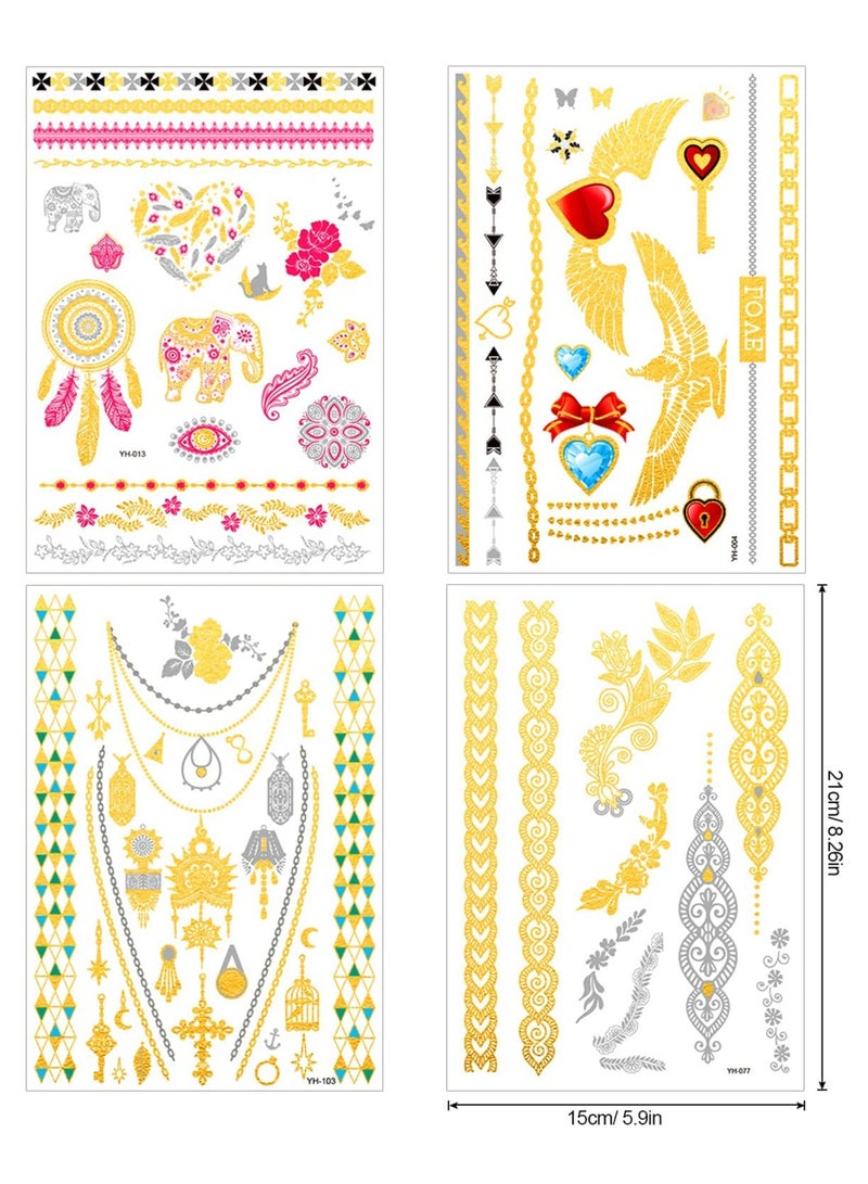 Metallic Temporary Tattoos For Girls and Women, Gold Sliver Glitter Design Fake Tattoo, (12 Sheets) - Image 3