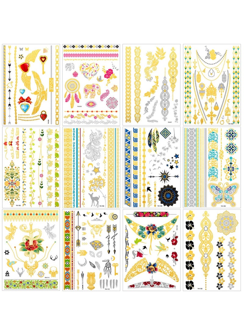Metallic Temporary Tattoos For Girls and Women, Gold Sliver Glitter Design Fake Tattoo, (12 Sheets) - Image 1