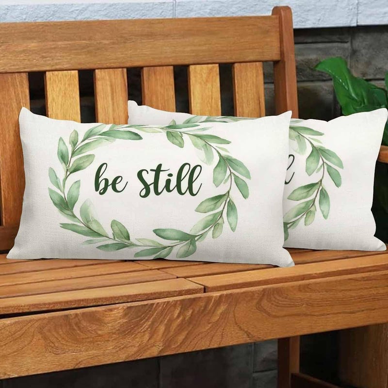 EKOBLA Rustic Be Still Pillow Cases Throw Pillow Covers Green Olive Wreath Leaves Square Throw Waist Pillow Case Cushion Cases for Sofa Bedroom Living Room 12x20 Inches - Image 4