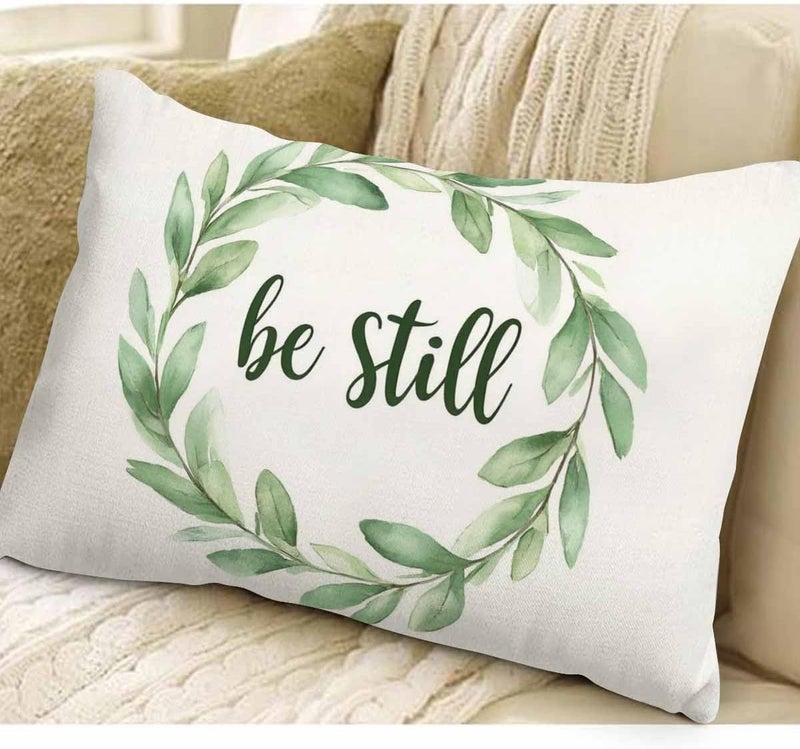 EKOBLA Rustic Be Still Pillow Cases Throw Pillow Covers Green Olive Wreath Leaves Square Throw Waist Pillow Case Cushion Cases for Sofa Bedroom Living Room 12x20 Inches - Image 3