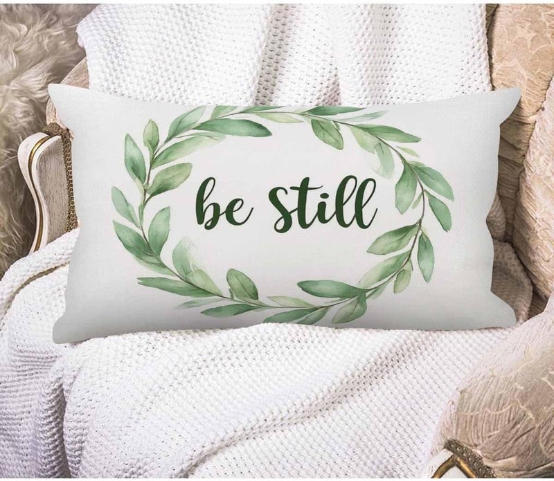 EKOBLA Rustic Be Still Pillow Cases Throw Pillow Covers Green Olive Wreath Leaves Square Throw Waist Pillow Case Cushion Cases for Sofa Bedroom Living Room 12x20 Inches - Image 1