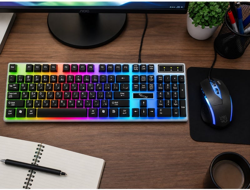 VENDIX RGB Gaming Keyboard and Mouse Set Arabic English Backlit Wired USB LED Mechanical Feel Full Size Keyboard for PC Laptop Windows - Image 2