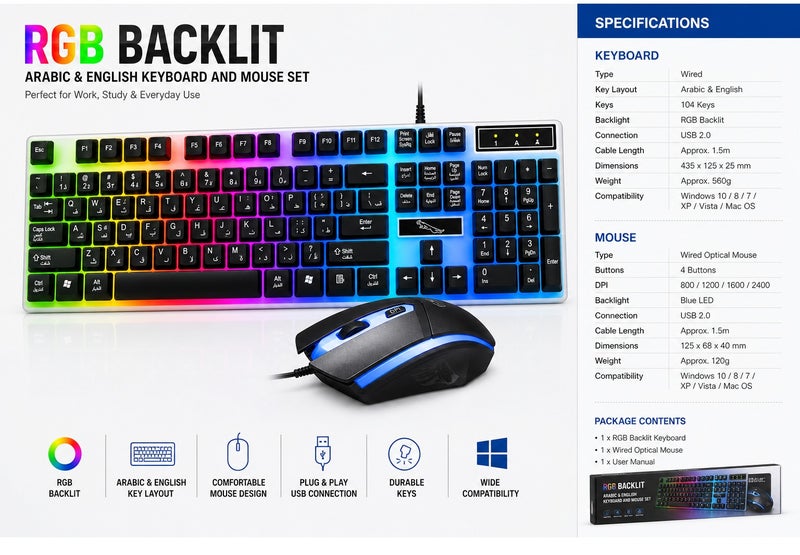 VENDIX RGB Gaming Keyboard and Mouse Set Arabic English Backlit Wired USB LED Mechanical Feel Full Size Keyboard for PC Laptop Windows - Image 4