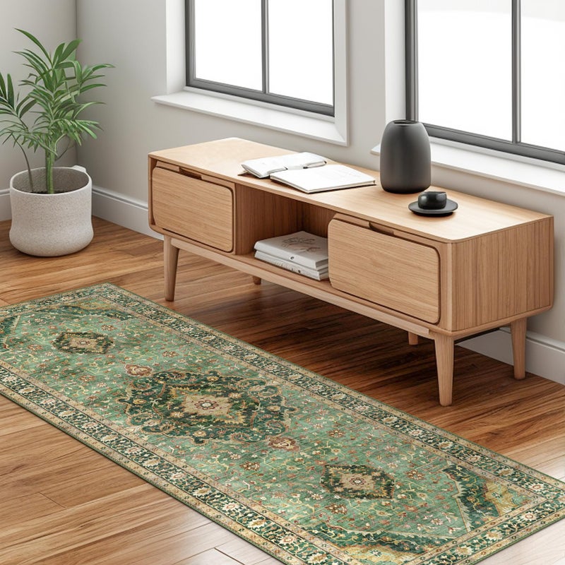 Green Runner Rugs for Hallway 2x6 Ft NonSlip Fall Runner Rugs with Rubber Backing Washable Rug Runner for Kitchen Bedroom Vintage Distressed Carpet Border Green