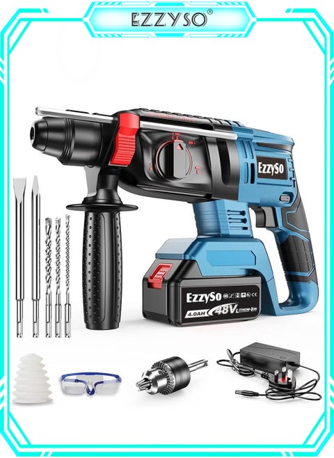 48V Rotary Hammer Drill,3-in-1 Mode Brushless Impact Drill,Demolition Hammer Kit with 4.0Ah Batterie,Vibration Damping Technology,Variable Speed,360 Degree Rotatable Side Handle
