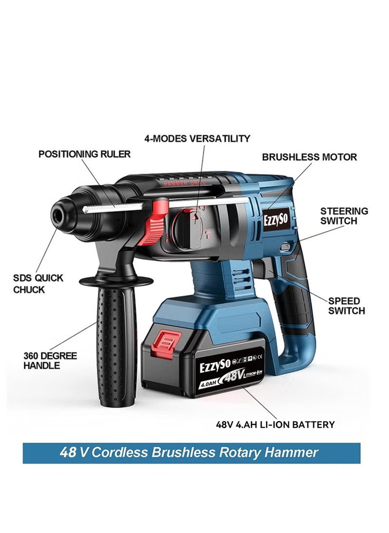EzzySo - 48V Rotary Hammer Drill,3-in-1 Mode Brushless Impact Drill,Demolition Hammer Kit with 4.0Ah Batterie,Vibration Damping Technology,Variable Speed,360 Degree Rotatable Side Handle - Image 1