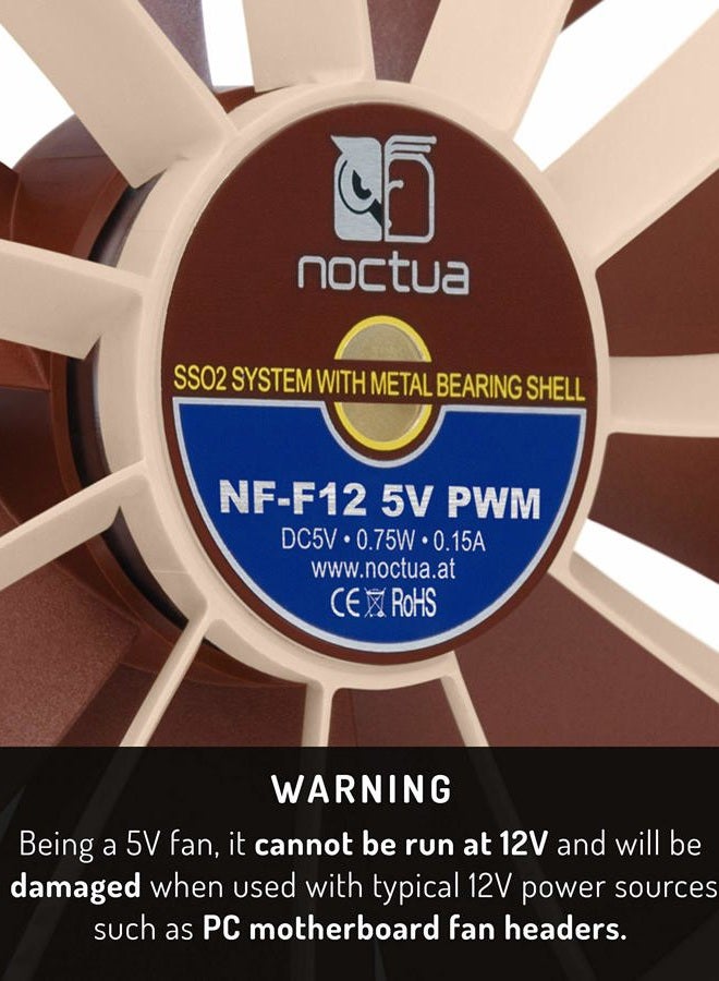 NOCTUA NF-F12 5V PWM، مروحة هادئة ممتازة مع كابل محول طاقة USB، 4 دبابيس، إصدار 5 فولت (120 مم، بني) - Image 3