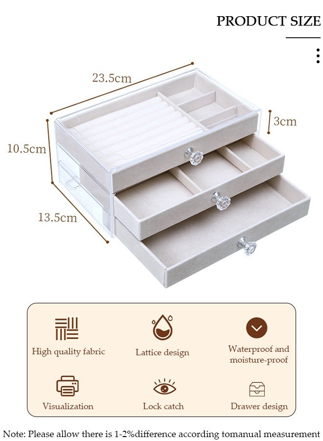 DUNISO Jewelry Organizer Box with 3 Drawers, Earring Jewelry Organizer Clear Jewelry Box for Women, Crystal Handle Velvet Jewelry Display Case for Earring, Rings, Necklace Display - Image 2