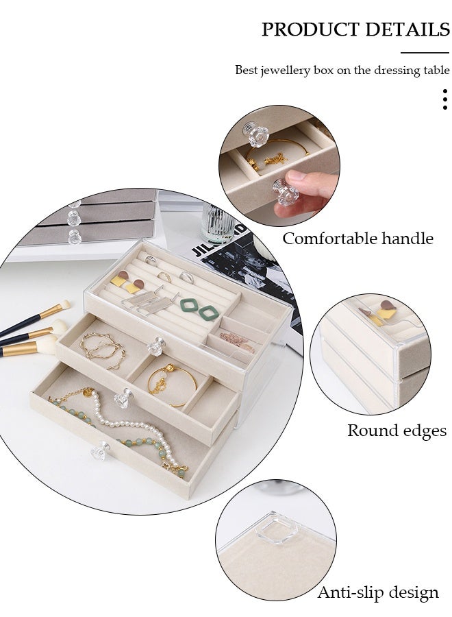 DUNISO Jewelry Organizer Box with 3 Drawers, Earring Jewelry Organizer Clear Jewelry Box for Women, Crystal Handle Velvet Jewelry Display Case for Earring, Rings, Necklace Display - Image 4