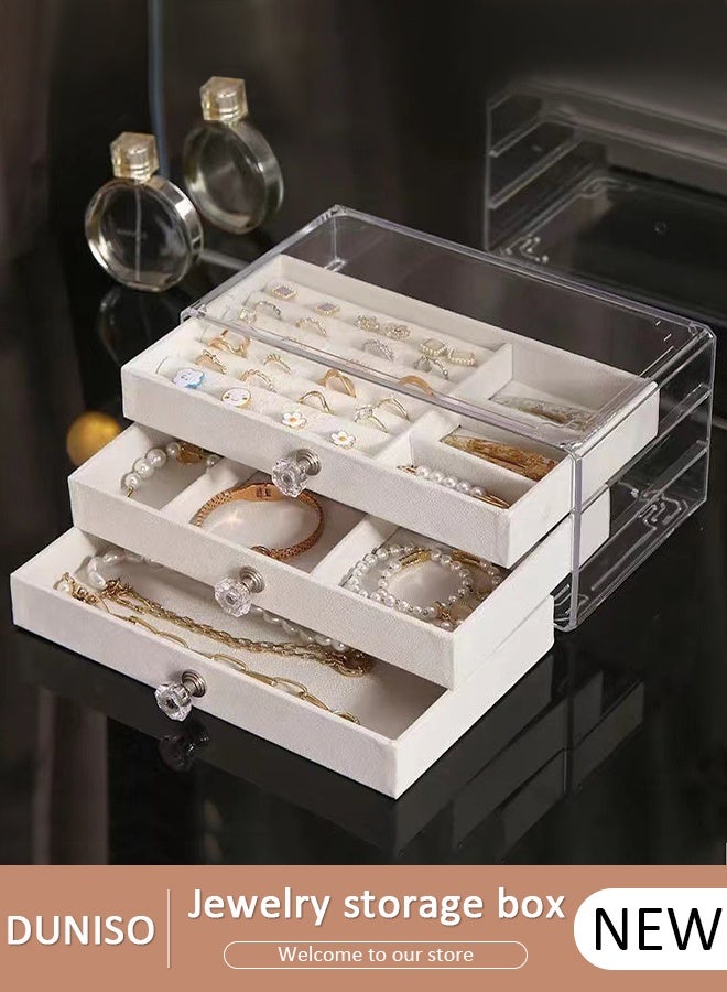 DUNISO Jewelry Organizer Box with 3 Drawers, Earring Jewelry Organizer Clear Jewelry Box for Women, Crystal Handle Velvet Jewelry Display Case for Earring, Rings, Necklace Display - Image 1