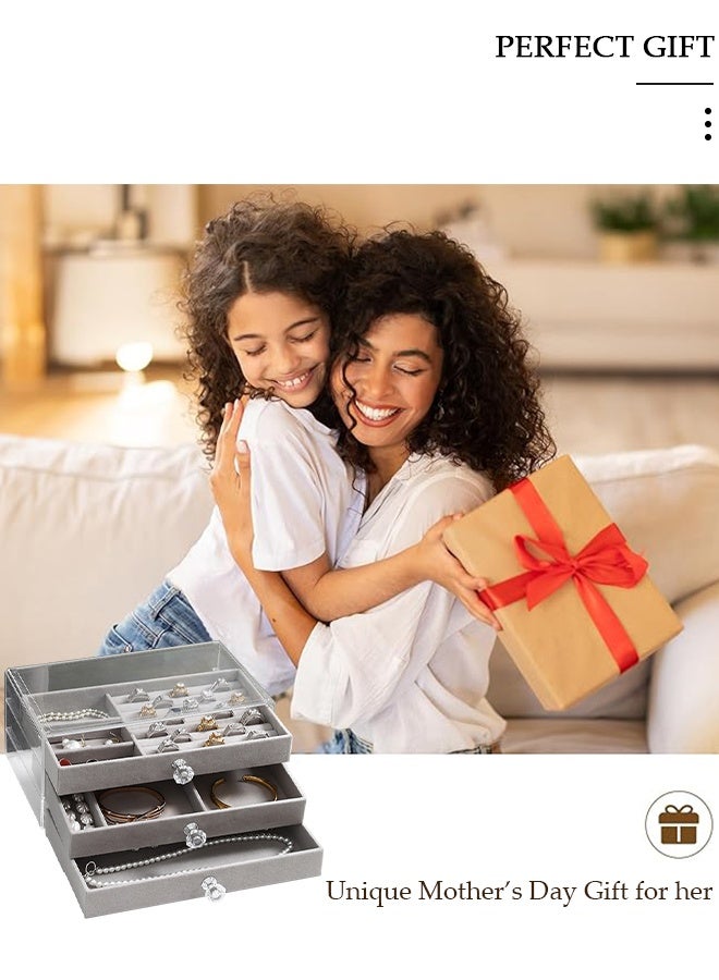 DUNISO Jewelry Organizer Box with 3 Drawers, Earring Jewelry Organizer Clear Jewelry Box for Women, Crystal Handle Velvet Jewelry Display Case for Earring, Rings, Necklace Display - Image 3