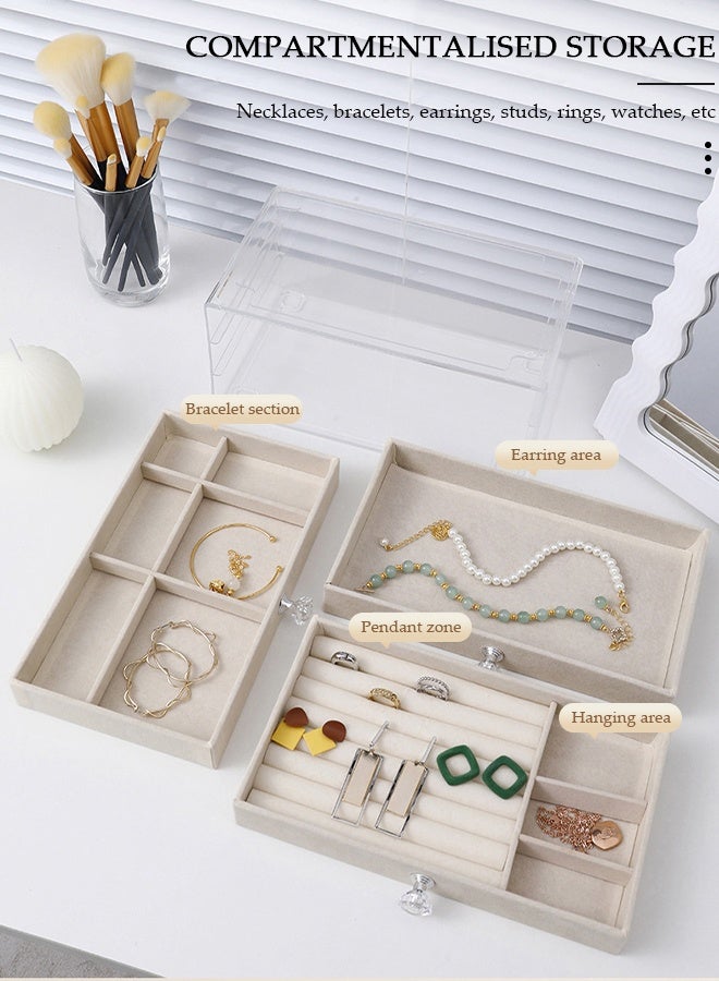 DUNISO Jewelry Organizer Box with 3 Drawers, Earring Jewelry Organizer Clear Jewelry Box for Women, Crystal Handle Velvet Jewelry Display Case for Earring, Rings, Necklace Display - Image 5