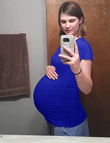 Peauty Plus Size Maternity Shirts for Women Maternity Tops Pregnancy Short Sleeve Clothes Side Ruched Maternity T Shirts Work Summer (Royal Blue XL) - Image 2